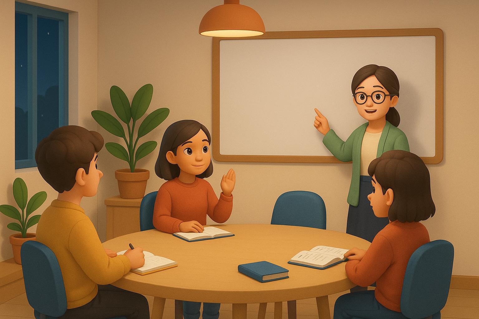 Minh họa cảnh An hỏi giáo viên trong lớp học tiếng Nhật