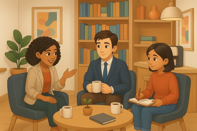Minh họa cảnh Suzuki, Tanaka và An nói chuyện trong phòng nghỉ